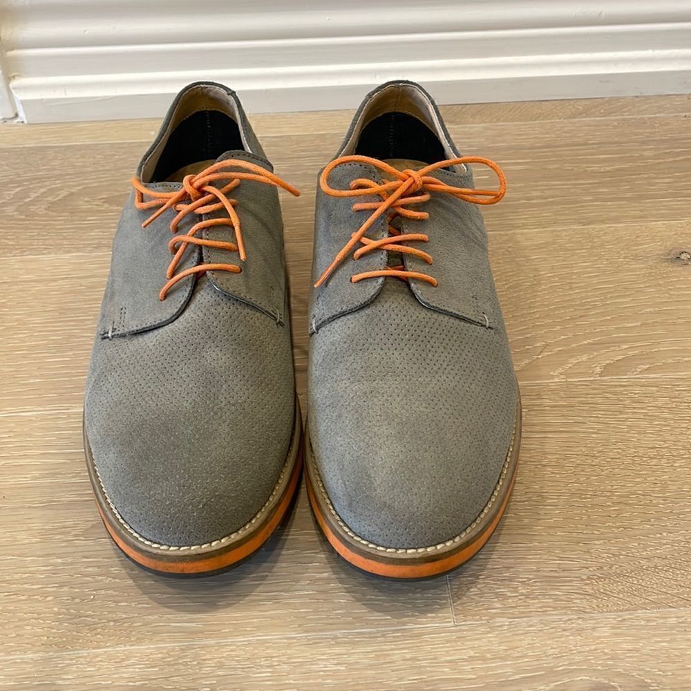 Gray Suede Shoes with Orange Laces - Size 7.5